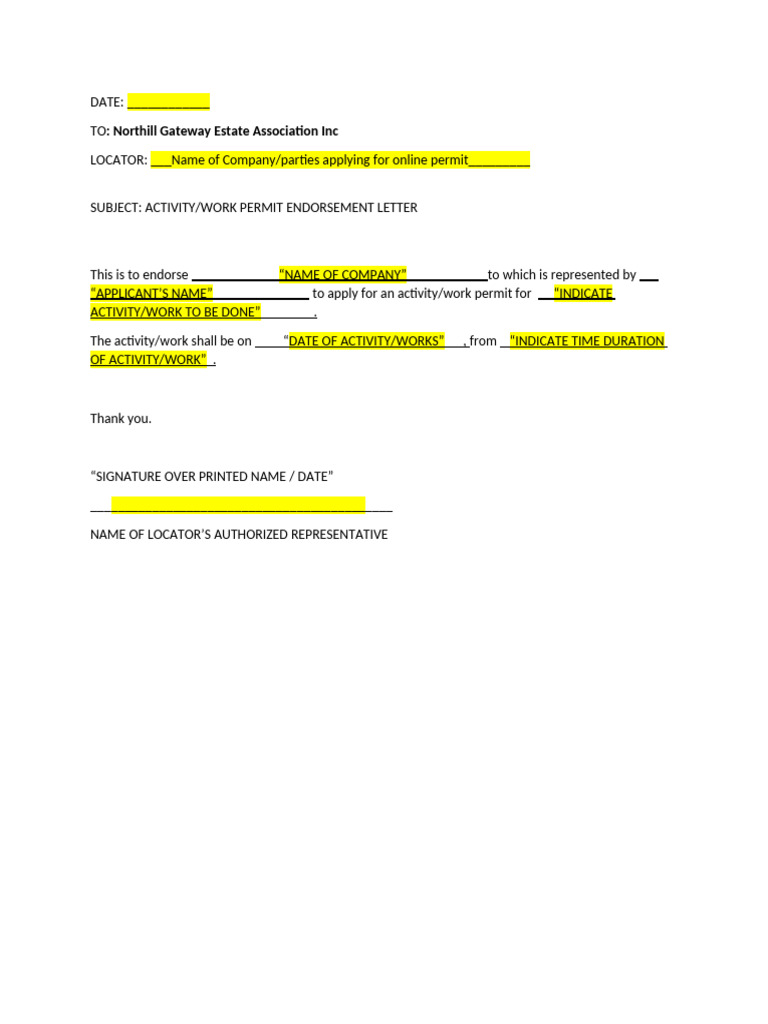 Activity/Work Permit Endorsement Letter | PDF