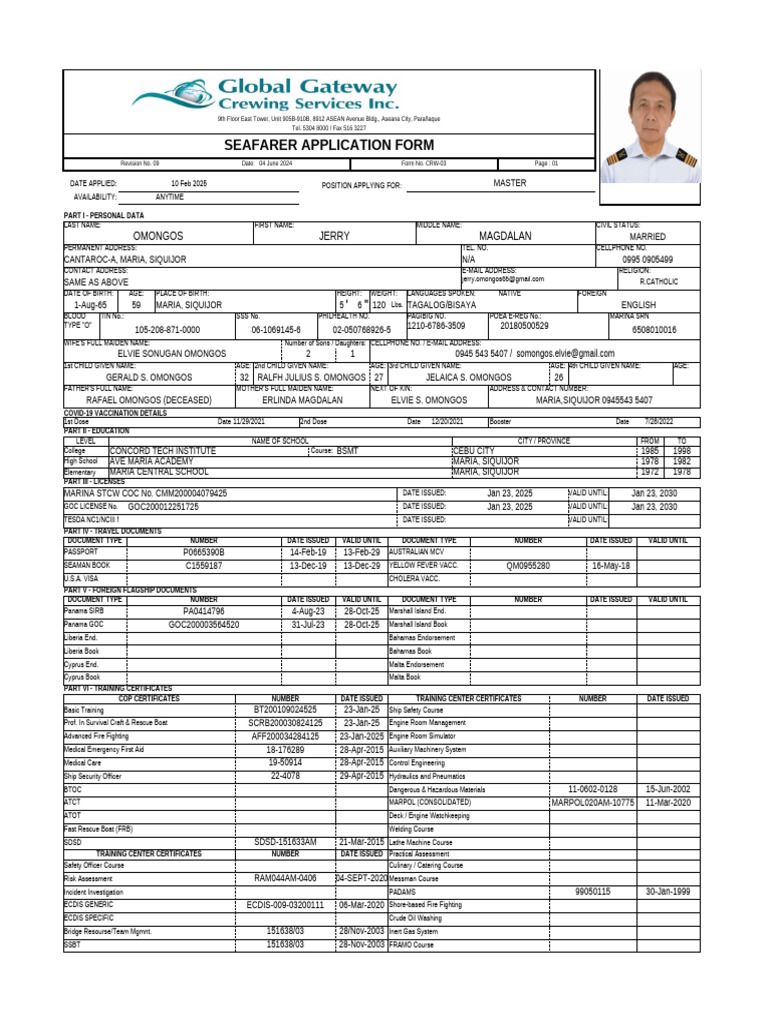 Seafarer Application Form for Master | PDF | Shipping