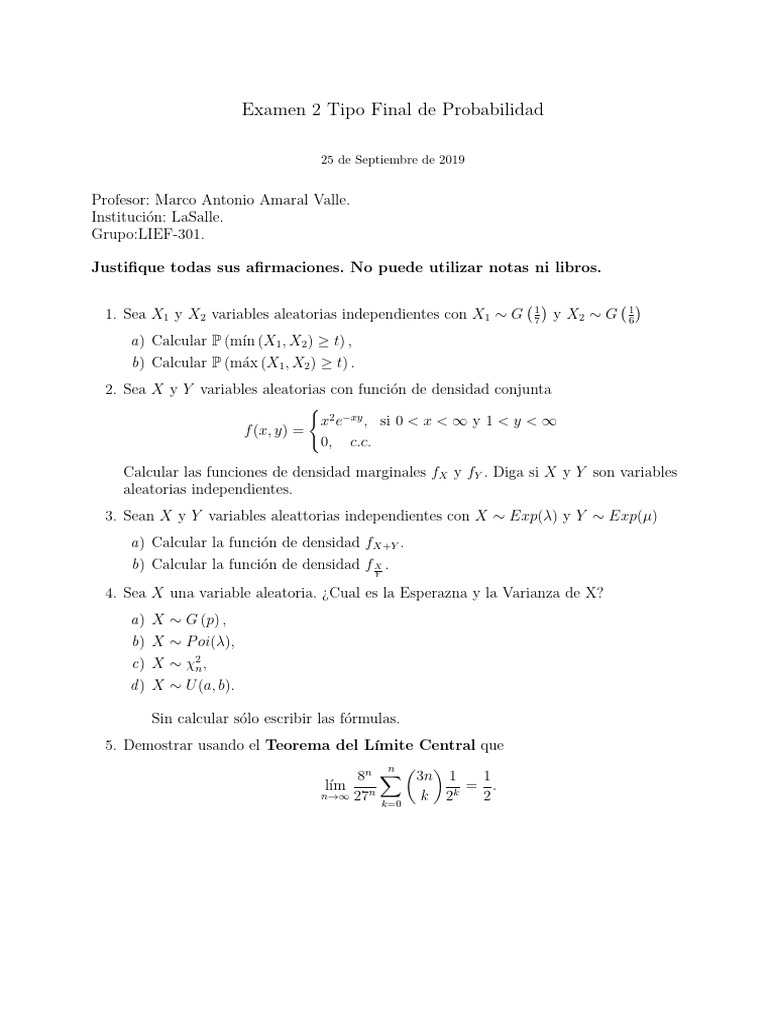 Examen Final de Probabilidad 2019 | PDF