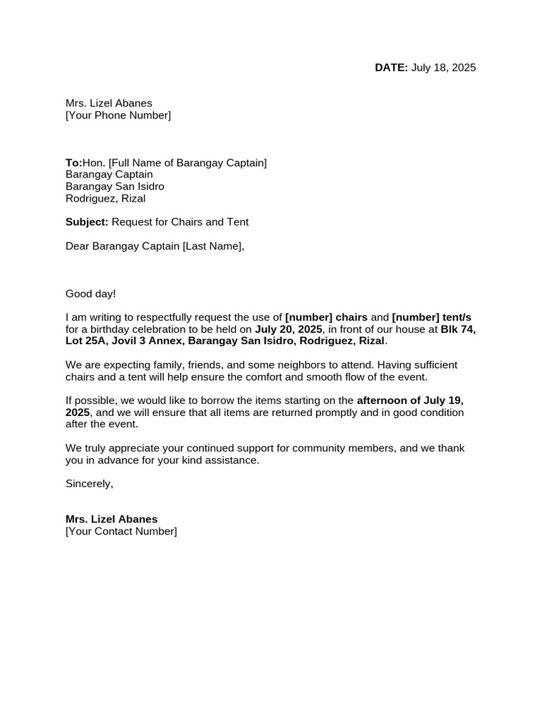 Request for Chairs and Tent Borrowing | PDF