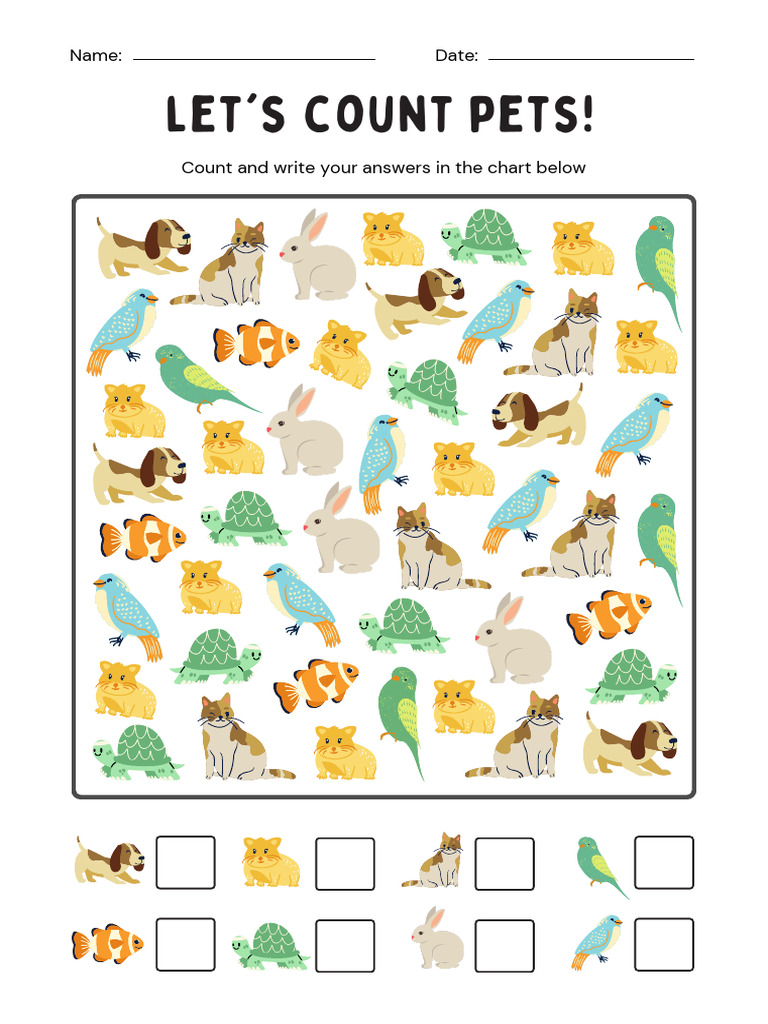 White Colorful Let's Count Pets Worksheet | PDF