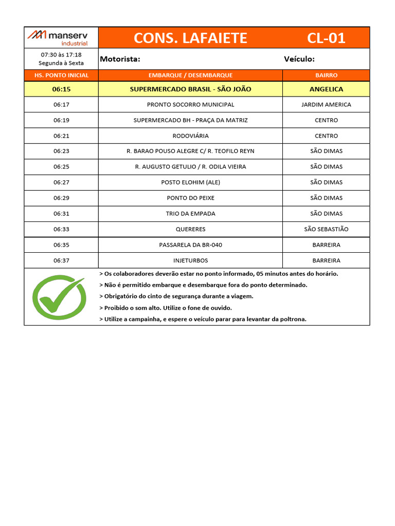 Horários e Pontos de Embarque - Cons. Lafaiete | PDF