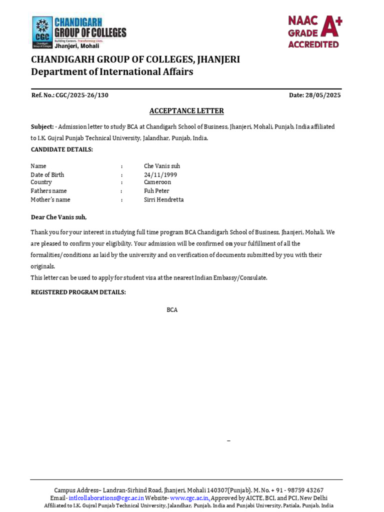 Che Vanis Suh Acceptance Letter BCA-1 | PDF | Punjab | Travel Visa