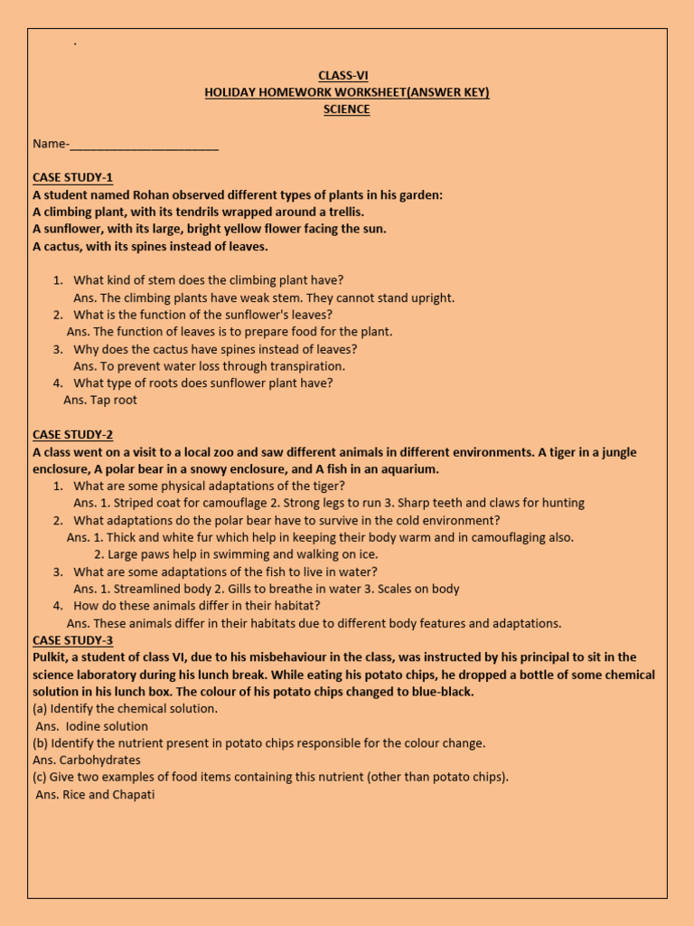 Class VI Science Holiday Homework Key | PDF | Foods | Vitamin