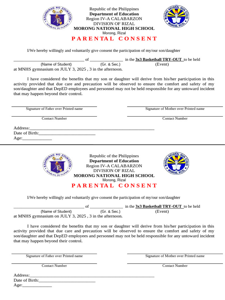 Parent Consent for Basketball Tryout | PDF