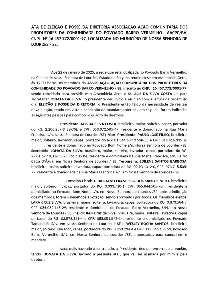 Ata de Posse da Diretoria AACPC/BV | PDF | Brasil