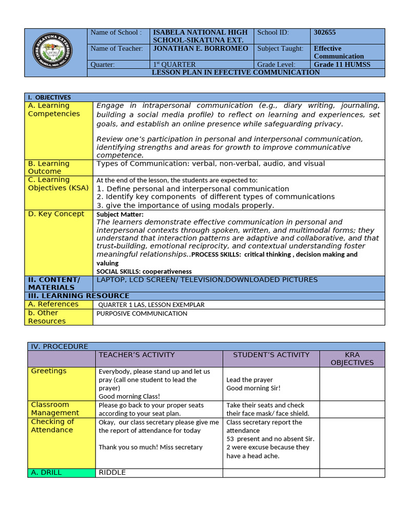 Effective Communication Lesson Plan | PDF | Communication | Nonverbal ...