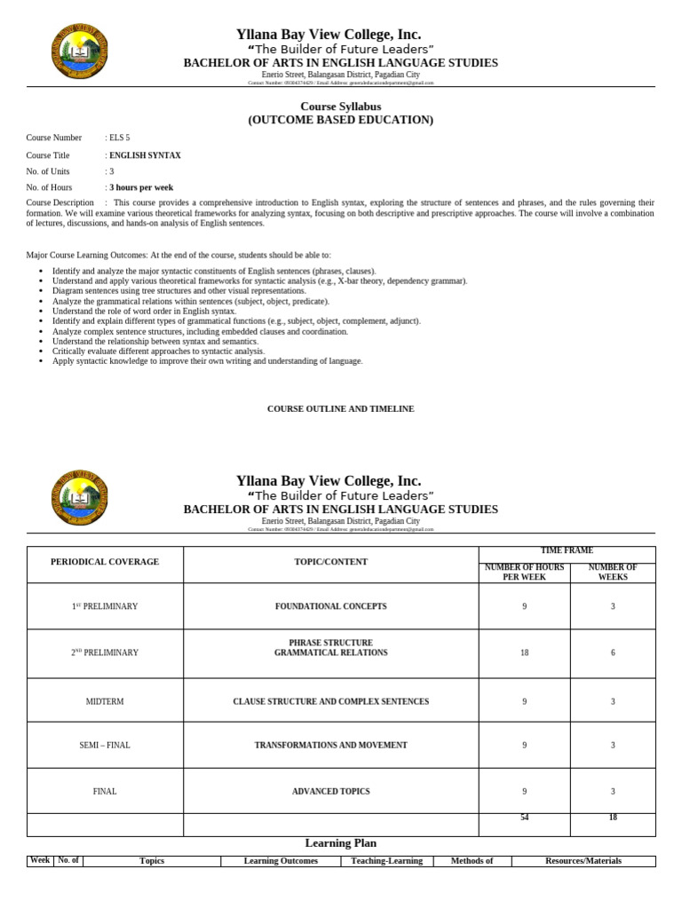 English Syntax Course Syllabus | PDF | Syntax | Phrase