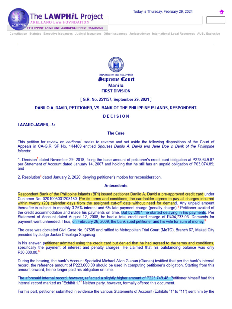 Credit Card Debt Dispute: David vs. BPI | PDF | Interest | Lawsuit