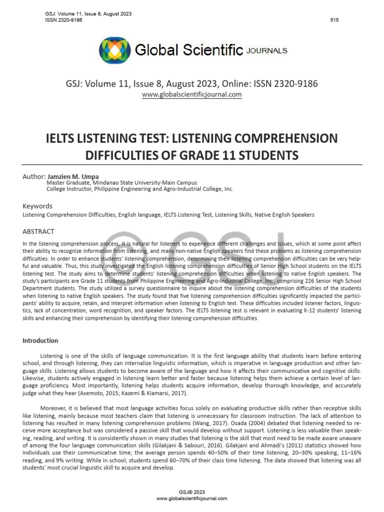 IELTS Listening Difficulties in Grade 11 | PDF | Survey Methodology ...