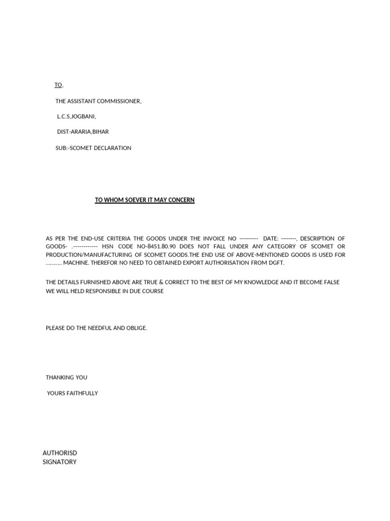 SCOMET Declaration Letter Format | PDF