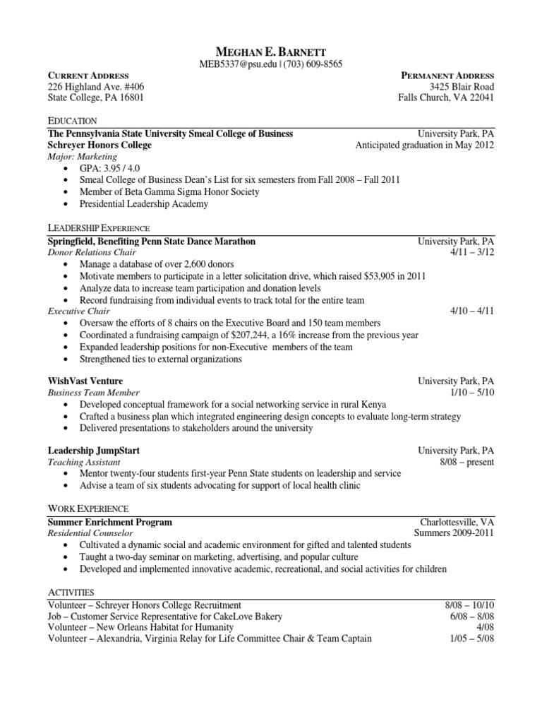 Meghan Barnett's Marketing Resume | PDF | Pennsylvania State University ...
