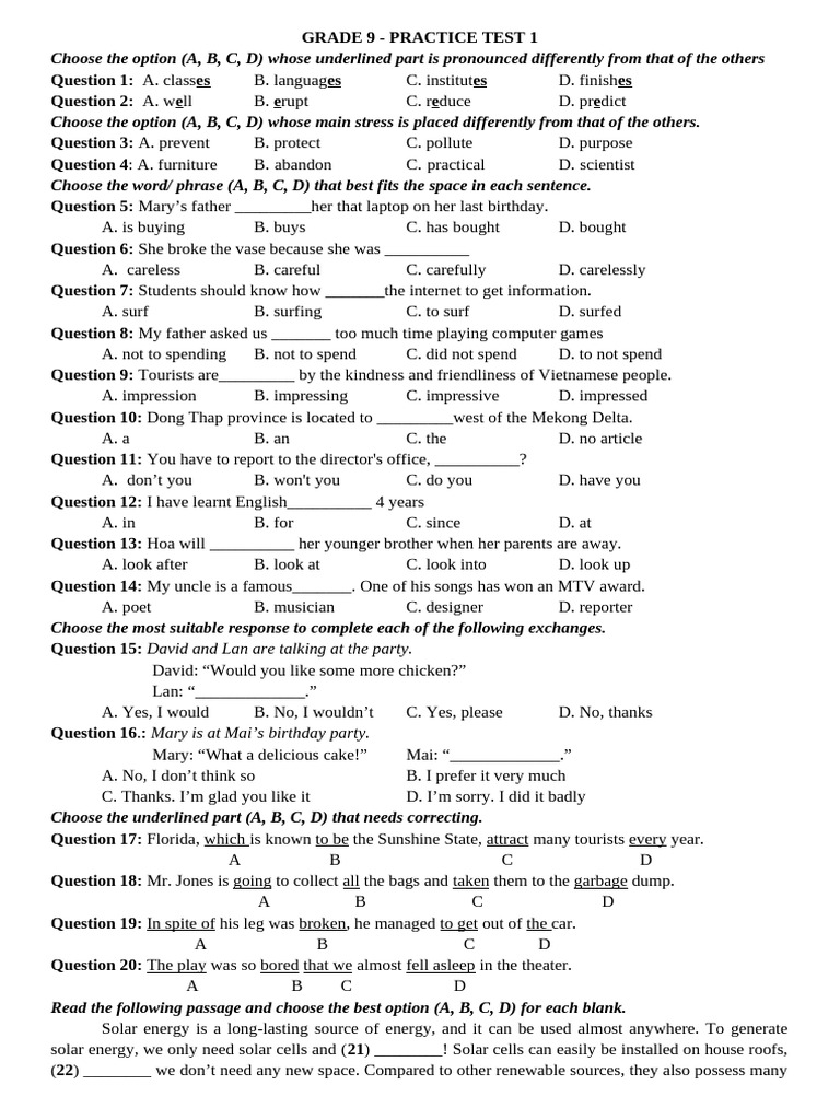 Grade 9 English Practice Test 1 | PDF | Supermarket