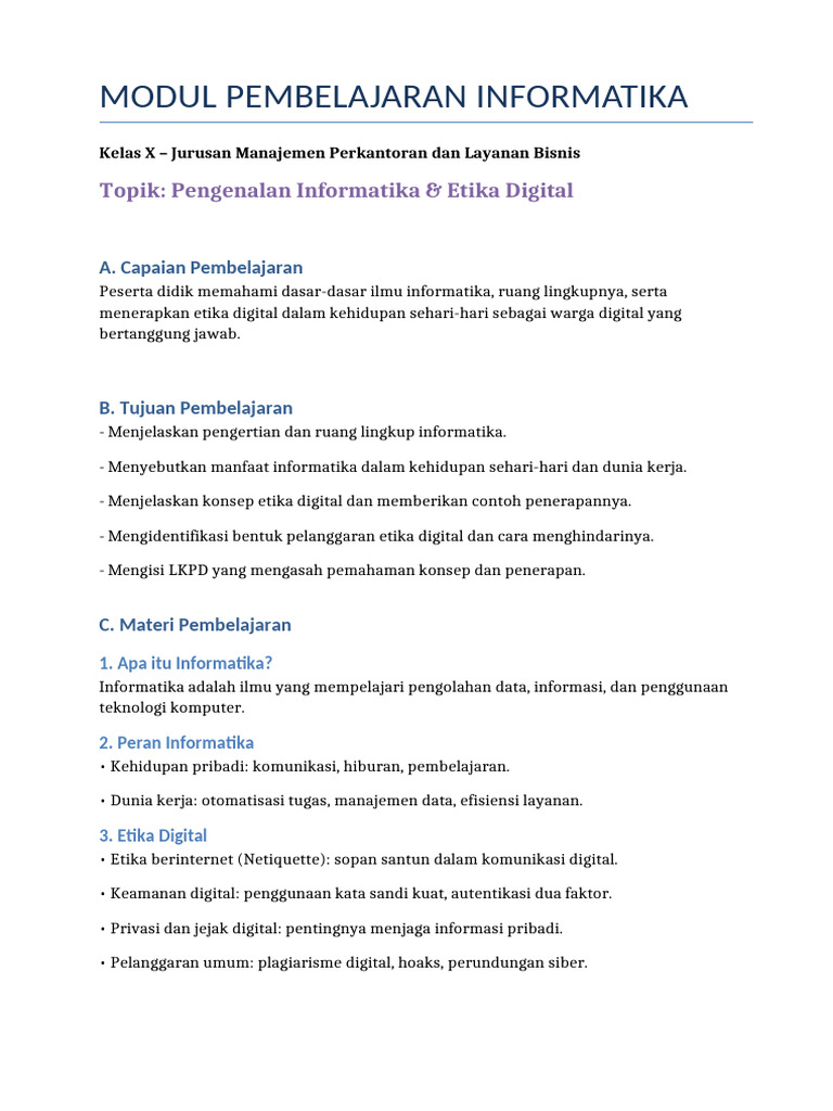 Modul 1 Informatika X Pengenalan Etika Digital | PDF