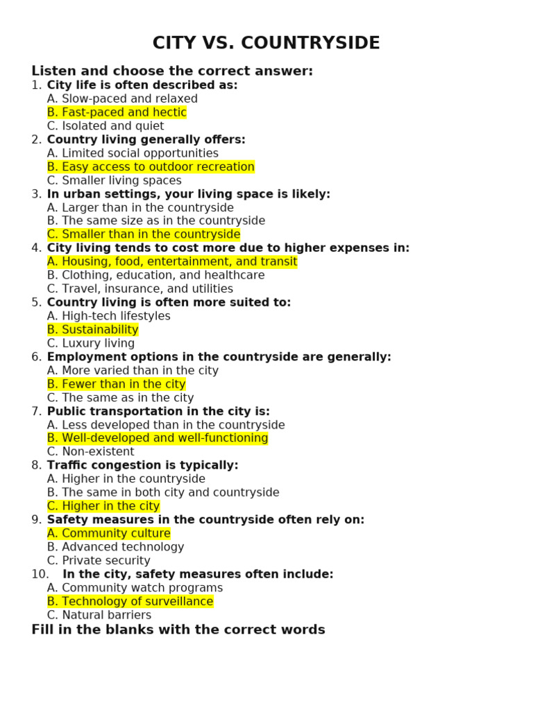 City Life Vs Countryside - Key | PDF | Public Transport | Rural Area
