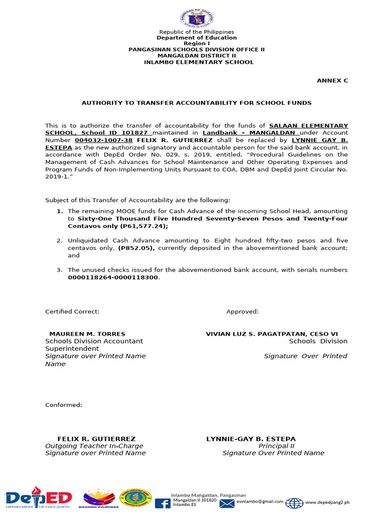 INLAMBO ANNEX C Authority to Transfer Accountability for School Funds 1 ...