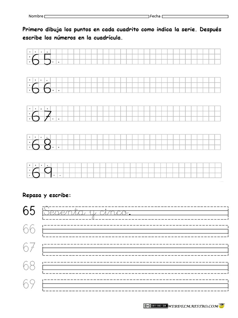 Escritura de Números Del 65 Al 69 | PDF