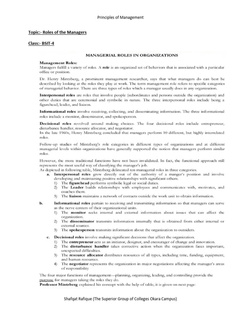 Roles of Managers in Management Principles | PDF