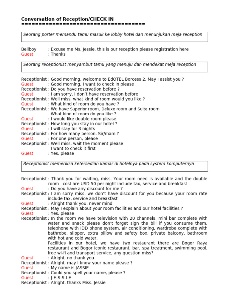 Reception Check-In Dialogue | PDF