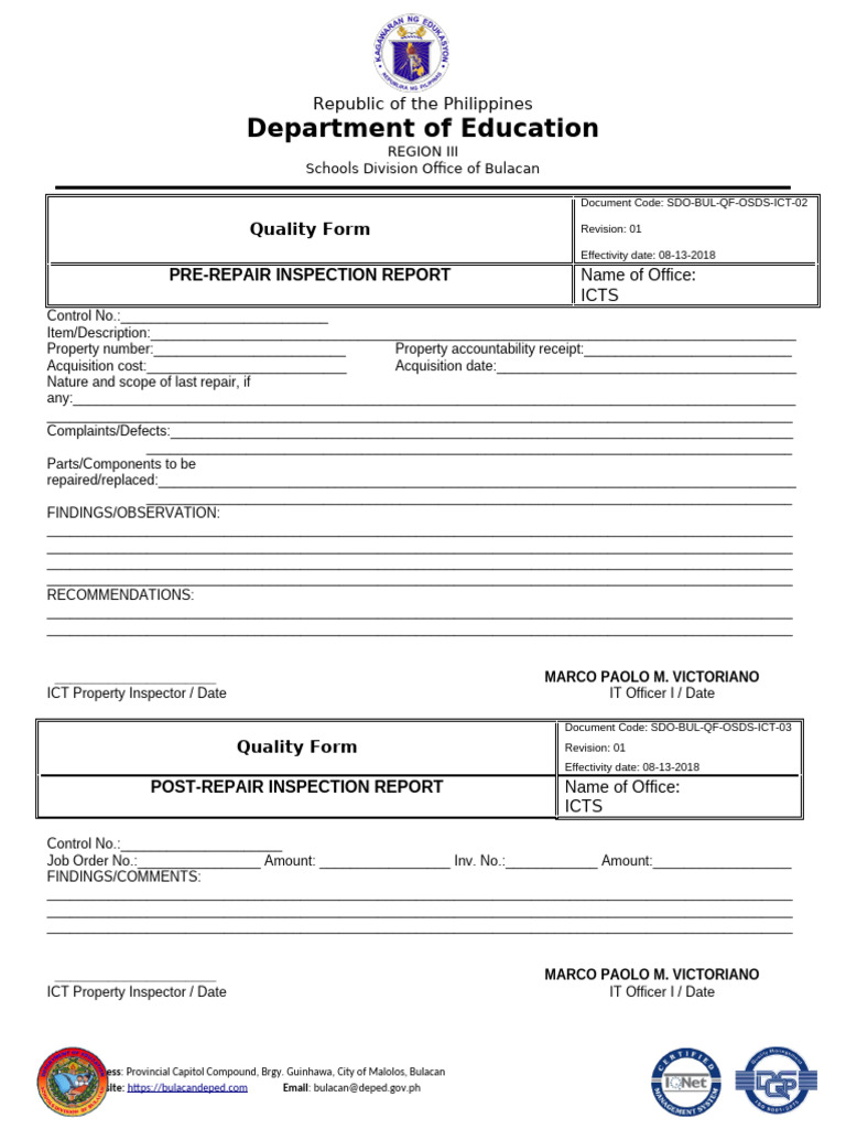 Pre and Post Repair Inspection Report | PDF