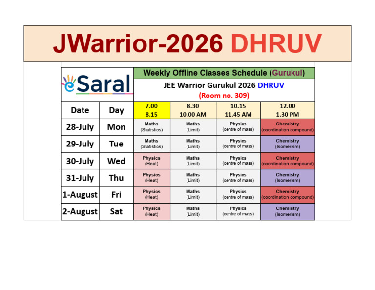 Weekly Class Schedule for JEE 2026 | PDF | Physical Sciences | Chemistry
