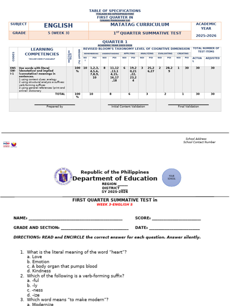 Grade 5 English 1st Quarter Test Guide | PDF | Grammar | Linguistics