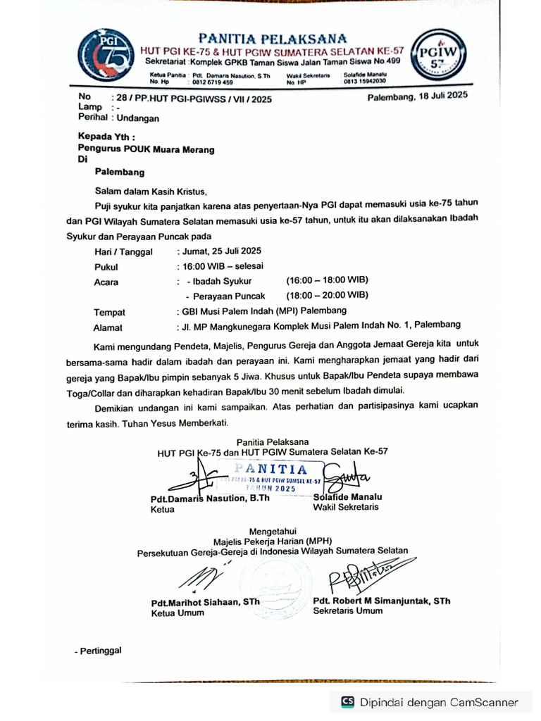 Surat Undangan Perayaan Puncak PGI-POUK Muara Merang | PDF
