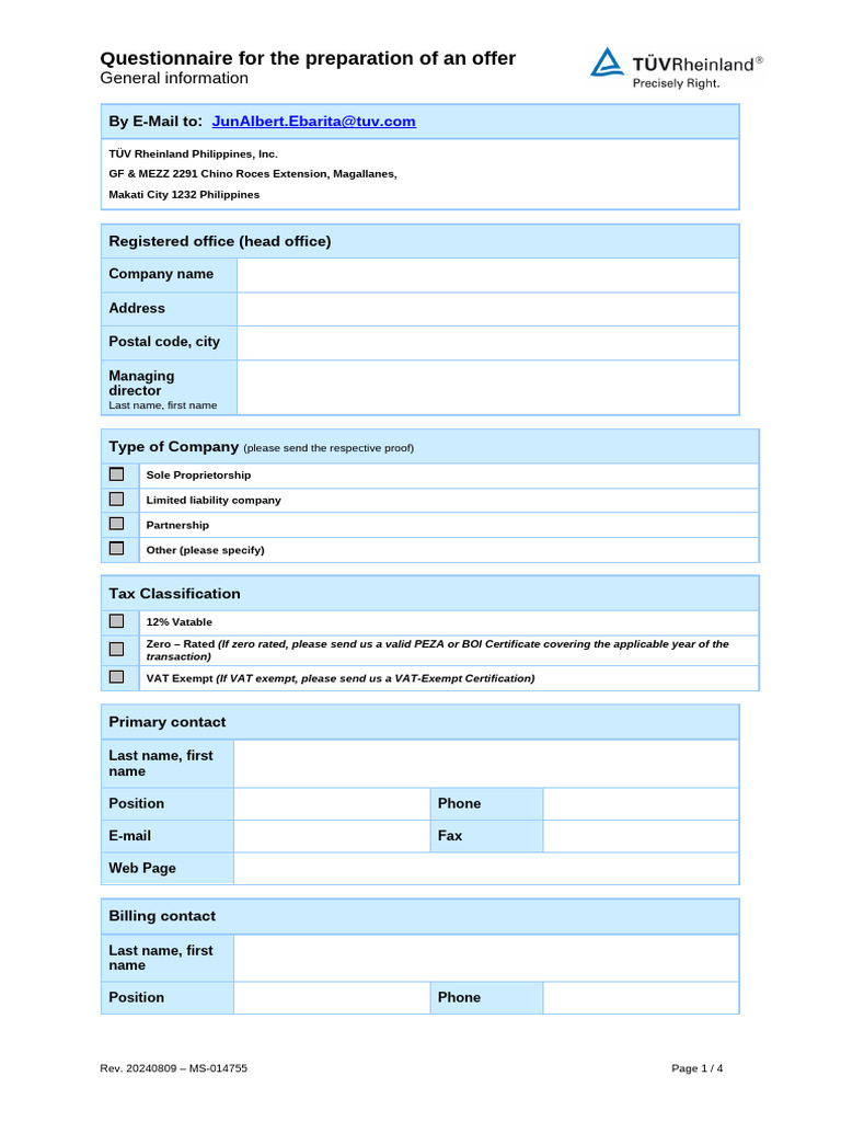 Offer Preparation Questionnaire Template | PDF | International ...