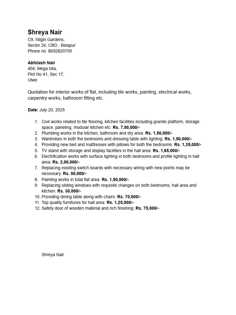 Interior Works Quotation for Flat | PDF