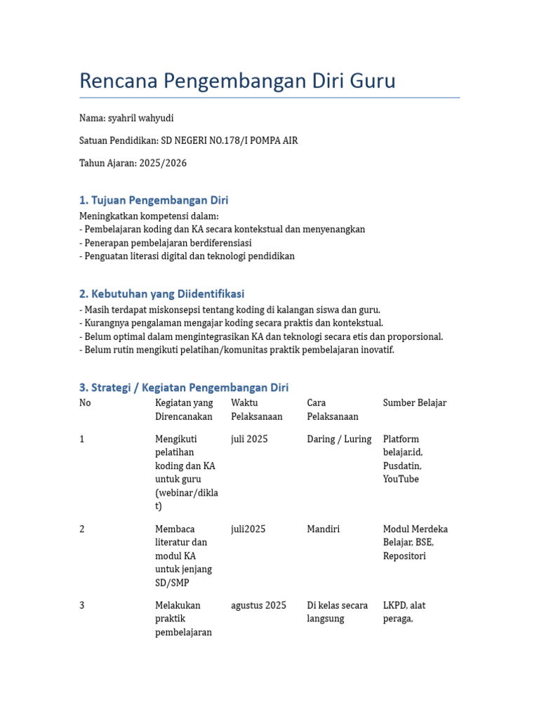 1.1.b. Penguatan Rencana Pengembangan Diri Guru | PDF