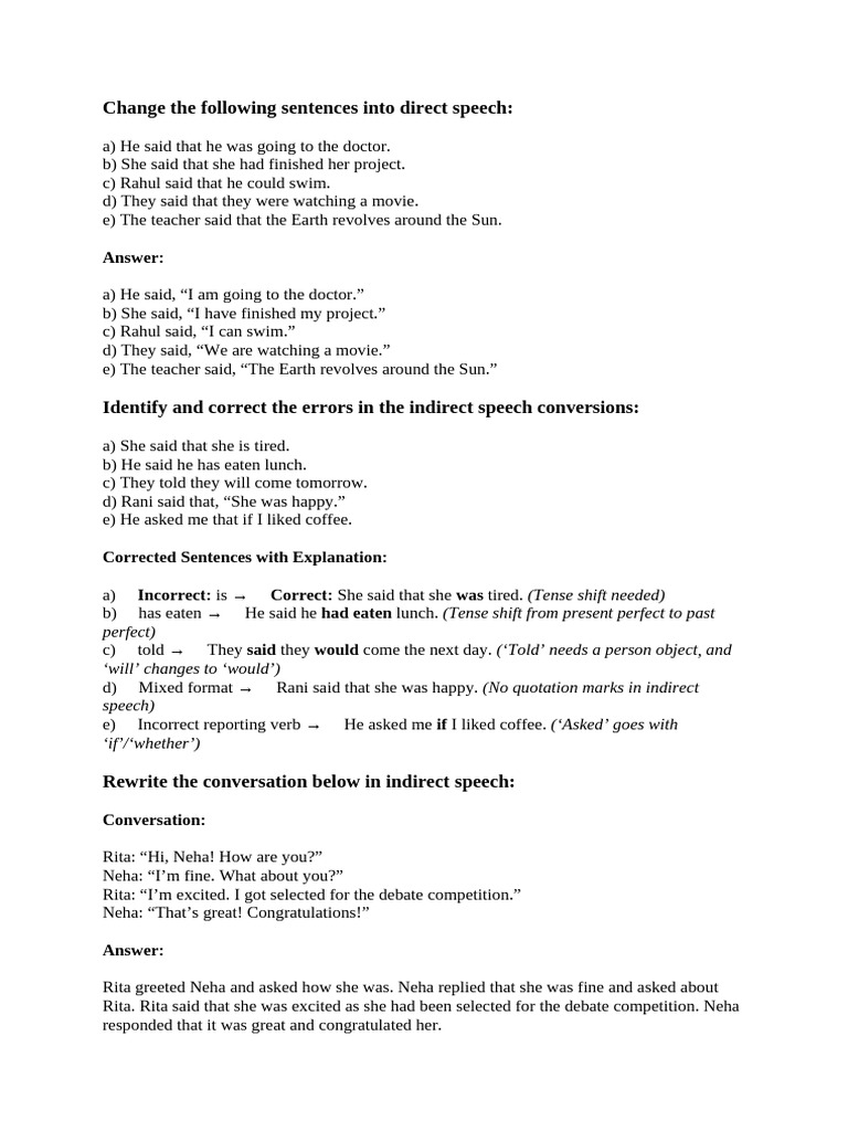 Direct Speech Conversion Exercises | PDF | Verb | Linguistic Morphology