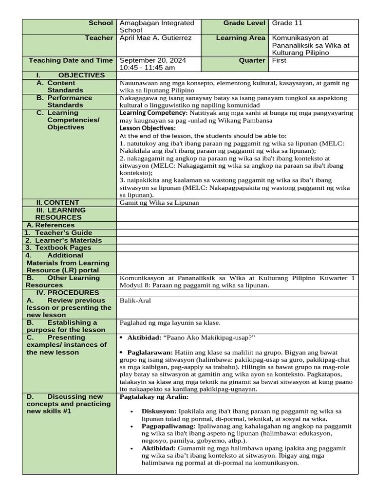 Learning Competency Lesson Objectives:: at The End of The Lesson, The ...