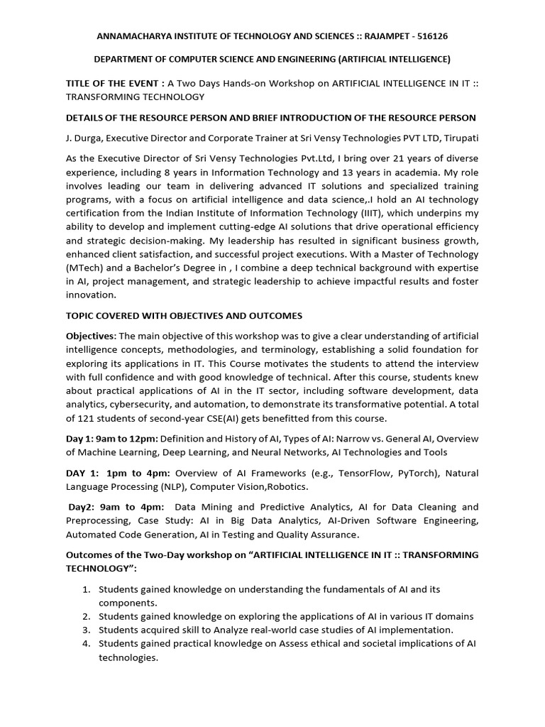 2024-25 Ai - It Transformation II Cse (Ai) I Sem Workshop | PDF ...