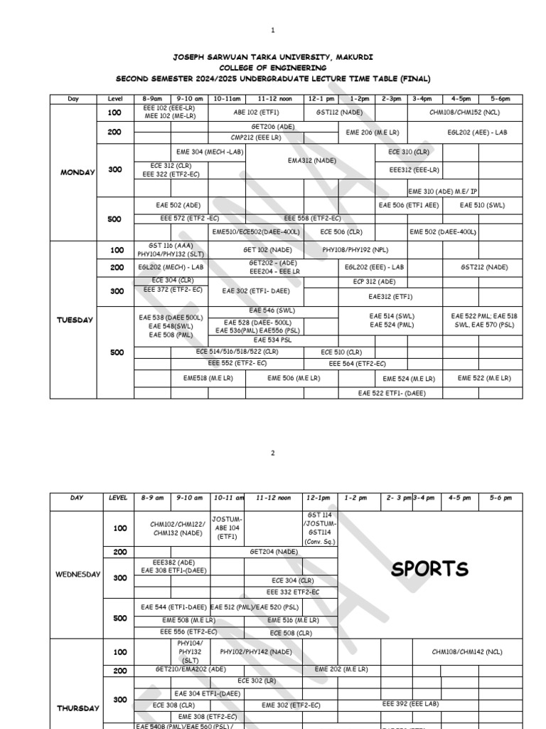 Final College of Engineering Lecture Timetable 2ND Semester 2024 2025 | PDF