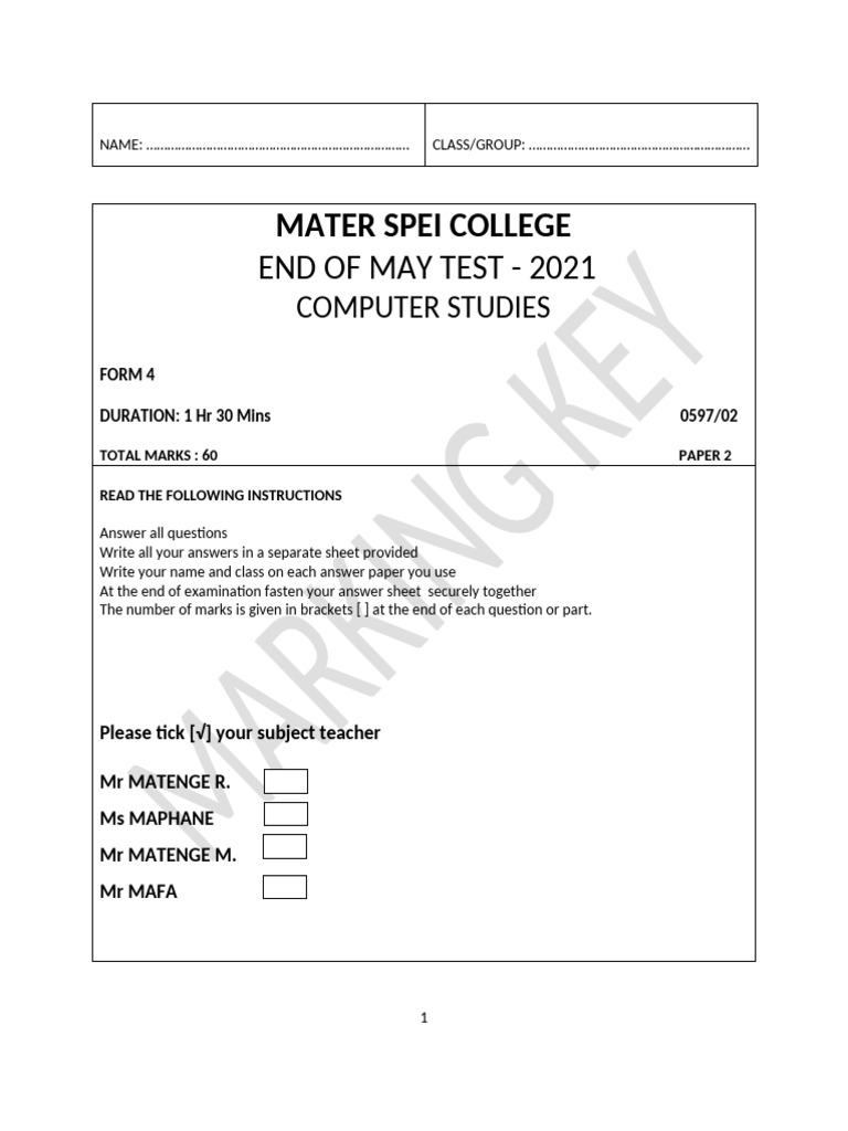 Form 4 Computer Studies Test 2021 | PDF | Computer Data Storage ...