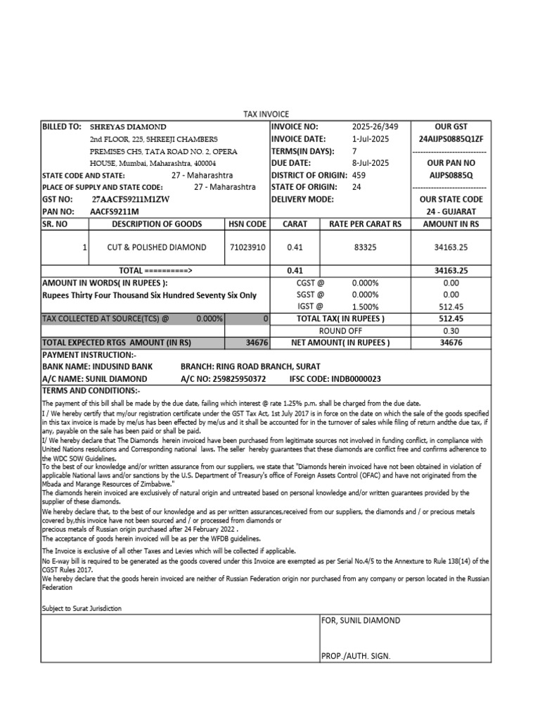 Tax Invoice for Cut & Polished Diamonds | PDF | Invoice | Public Finance