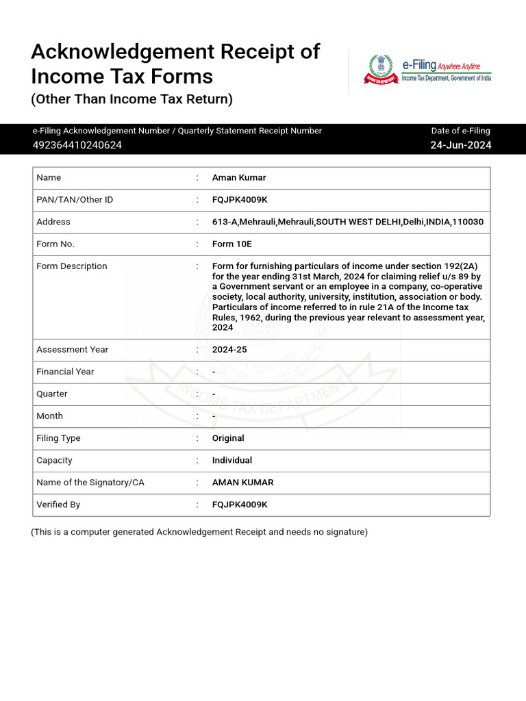 Form 10E Receipt | PDF