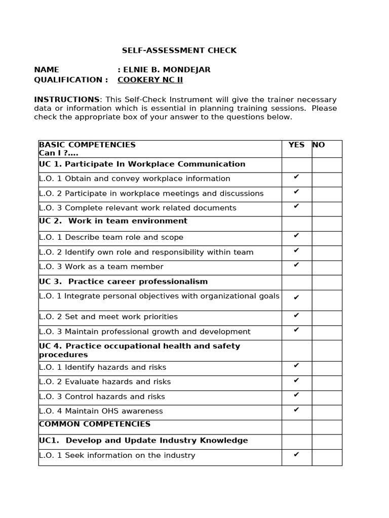 Cookery Self-Assessment Checklist | PDF | Employment | Occupational ...