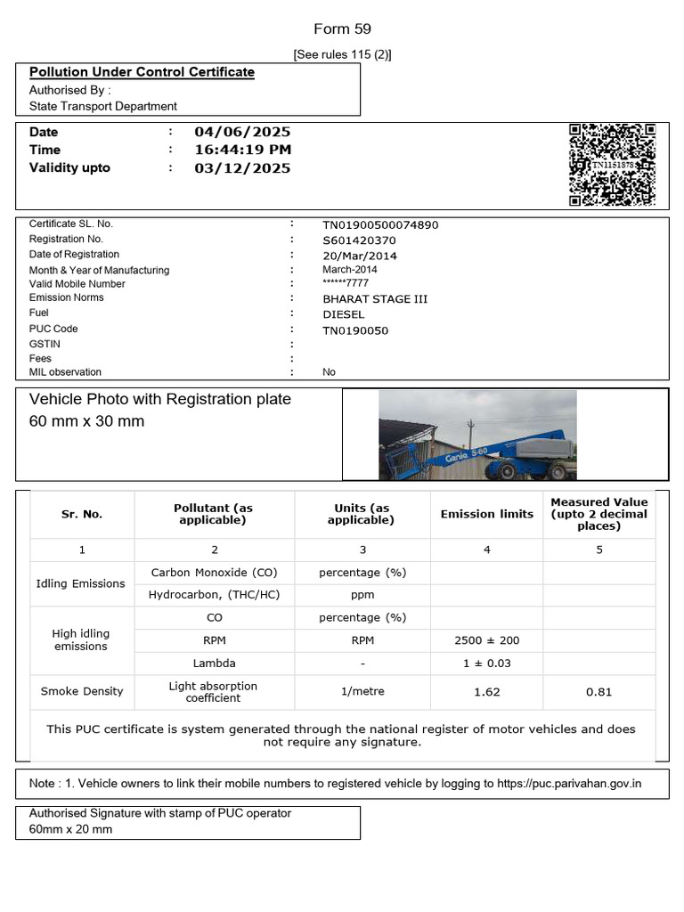 Vehicle Pollution Control Certificate | PDF | Exhaust Gas | Atmosphere ...