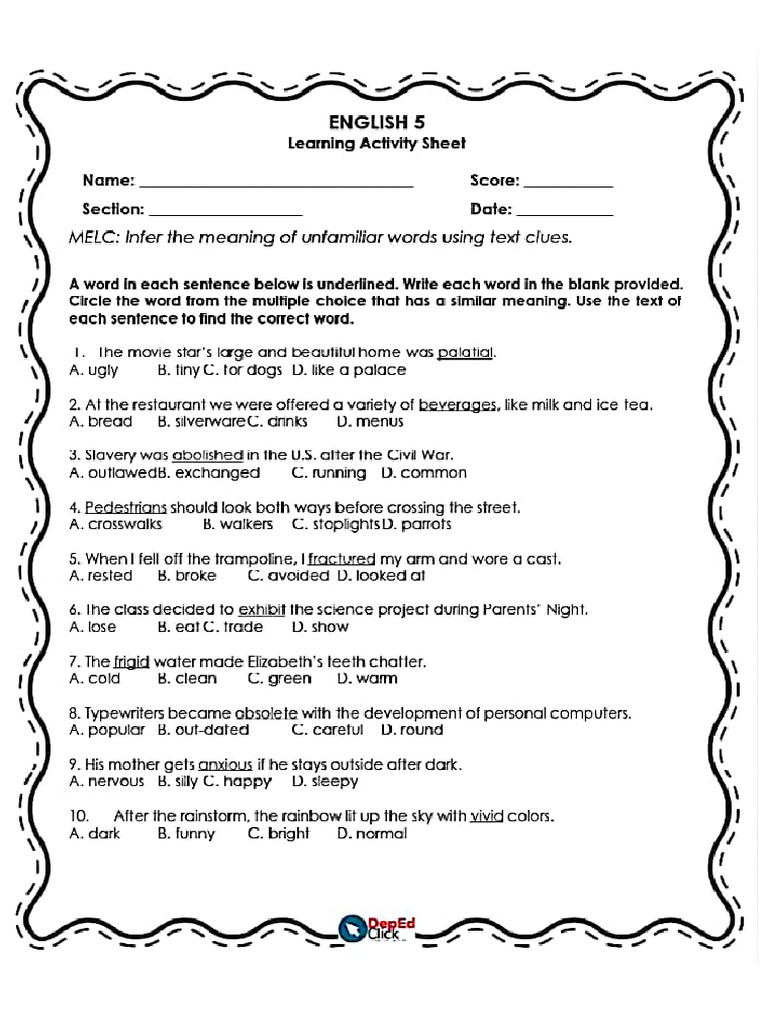 English Answer Sheet Q1 Printable Pdf