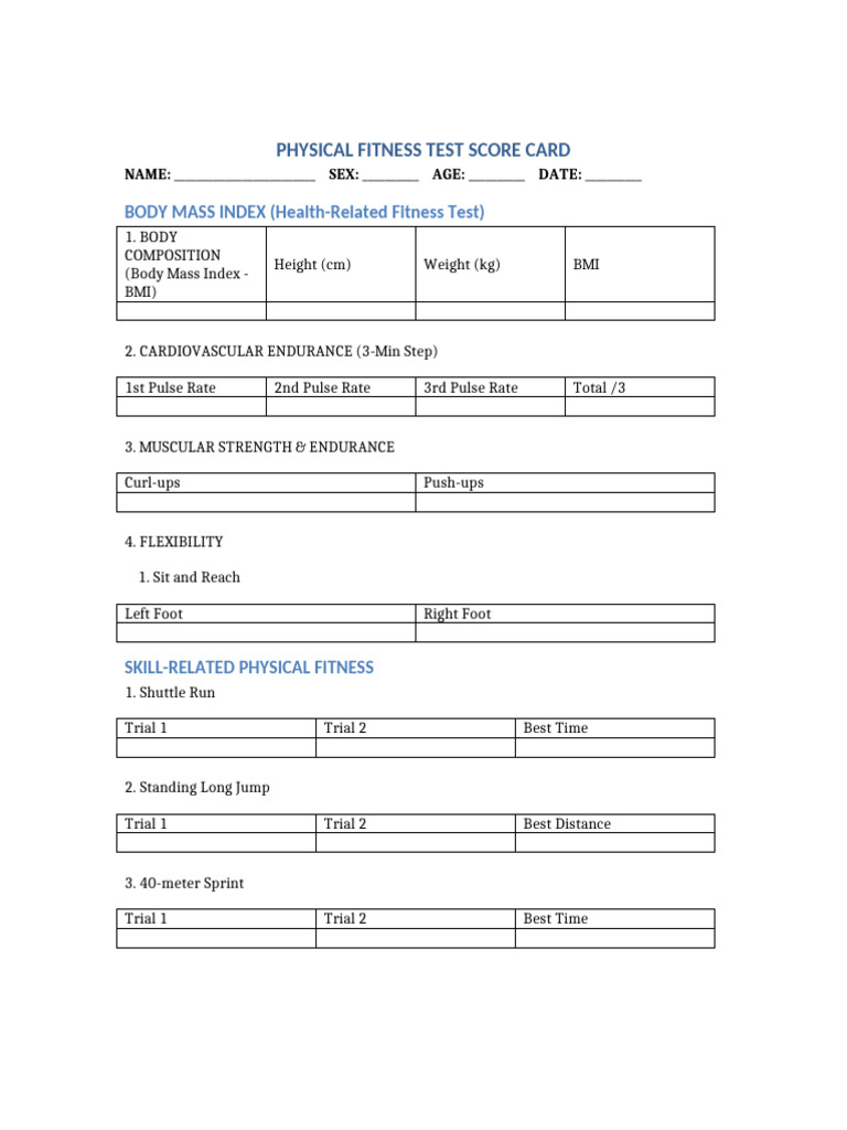 DepEd Physical Fitness Test Score Card | PDF