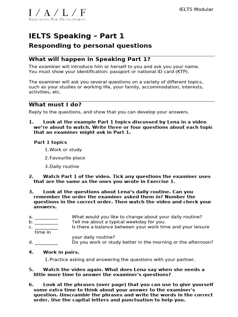 IELTS Speaking Part 1 | PDF | International English Language Testing System