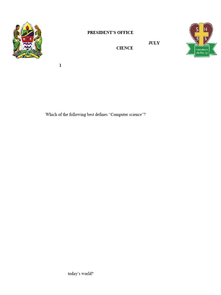 Form One Computer Science Exam 2025 | PDF | Computer Science | Science