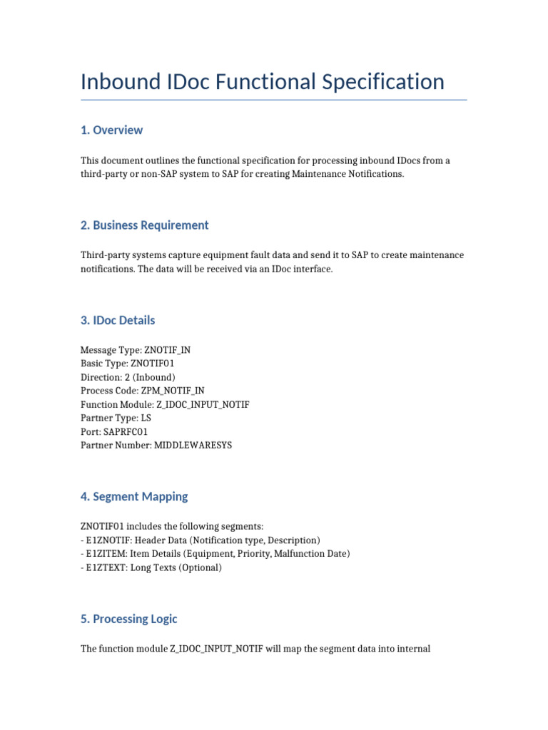 Inbound IDoc Functional Spec | PDF
