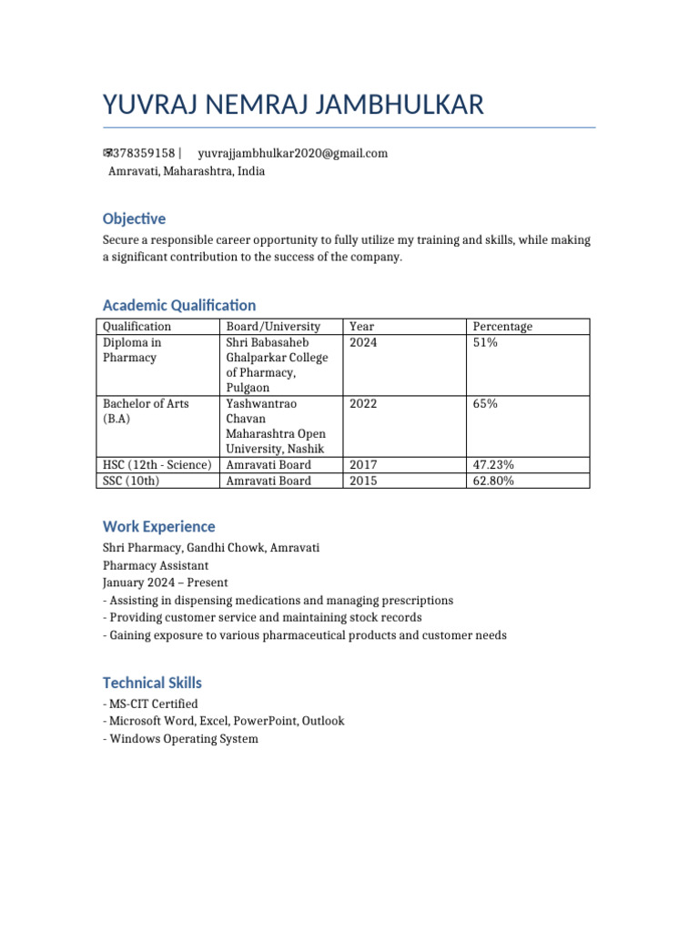 Pharmacy Assistant Resume - Yuvraj Jambhulkar | PDF
