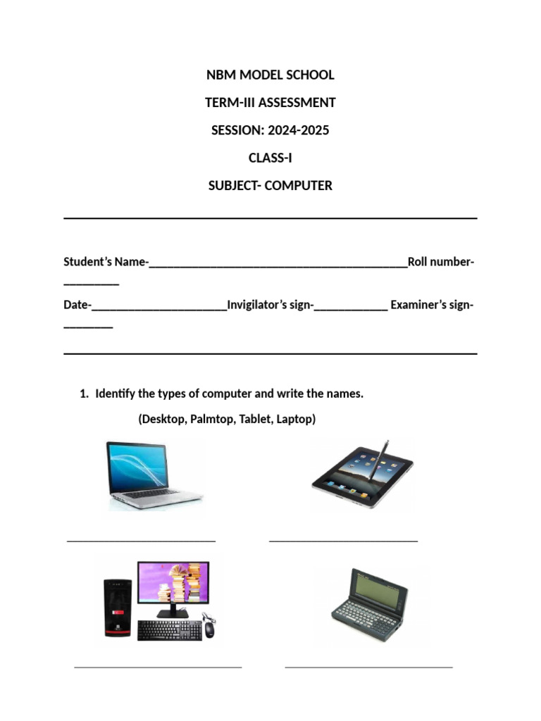 Class 1 Computer Assessment Term 3 | PDF