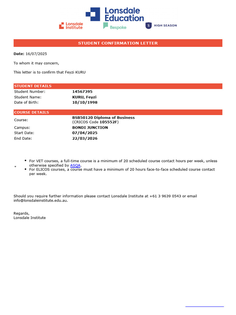 SoA - VET ONLY - Student Confirmation (Letter) | PDF