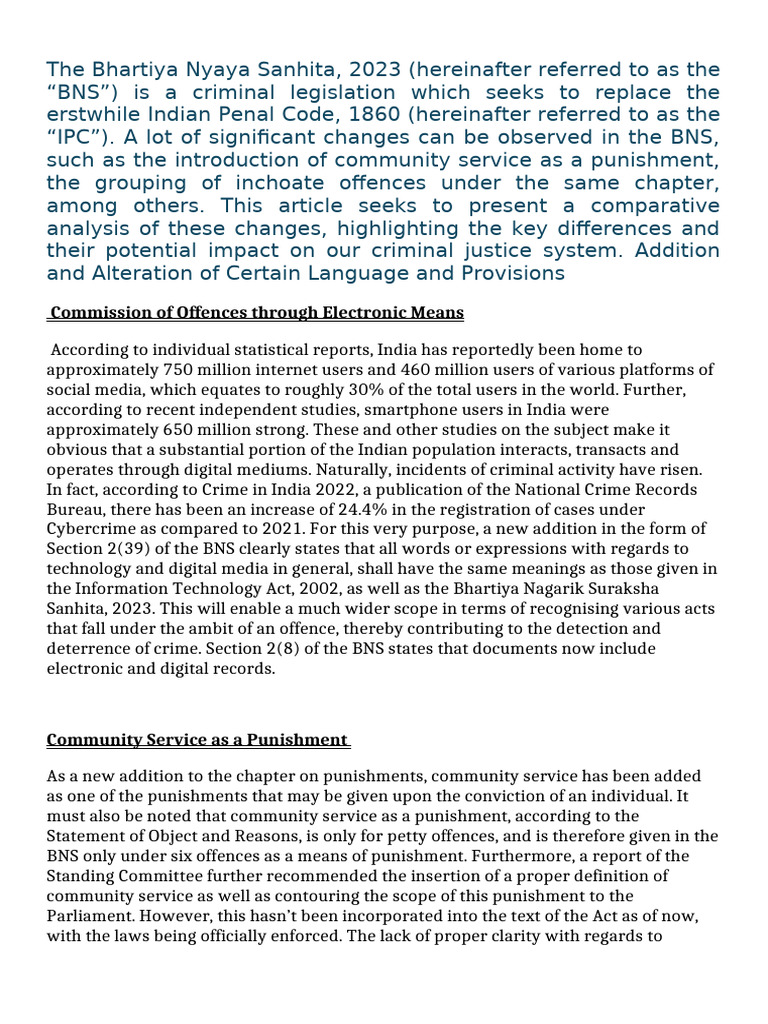 Key Changes in BNS 2023 Overview | PDF | Crimes | Crime & Violence