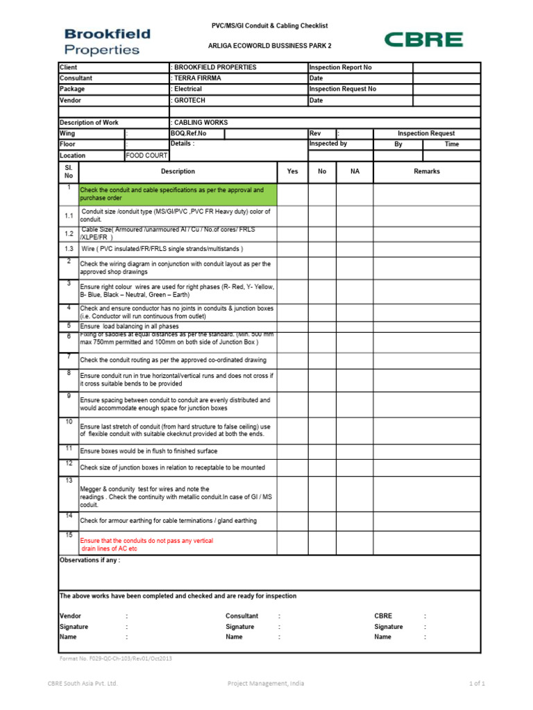 PVC/MS/GI Conduit & Cabling Checklist | PDF | Electrical Wiring ...