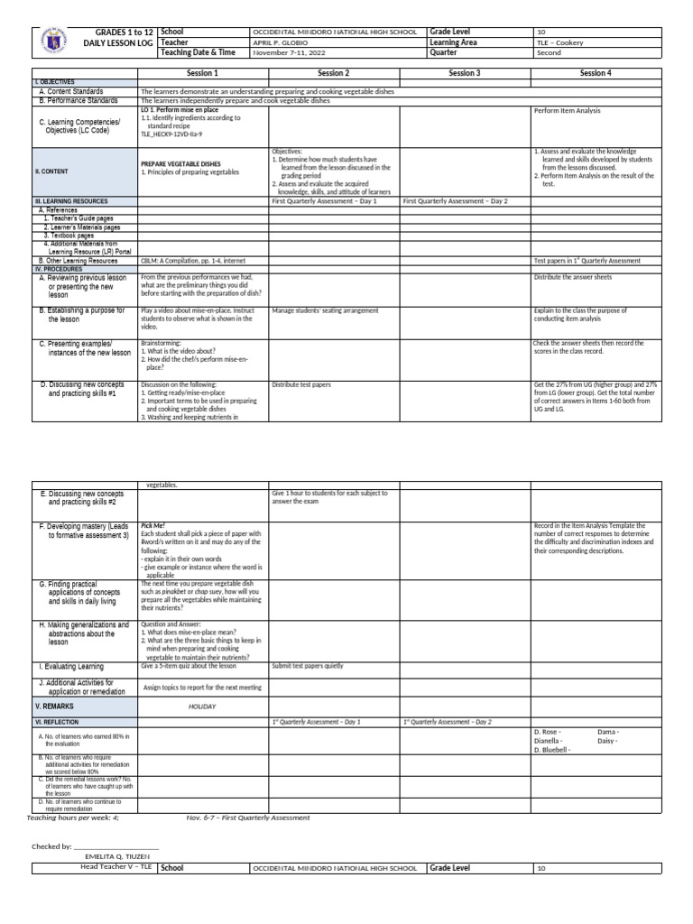 Daily Lesson Log: TLE Cookery Grade 10 | PDF | Sauce | Grilling